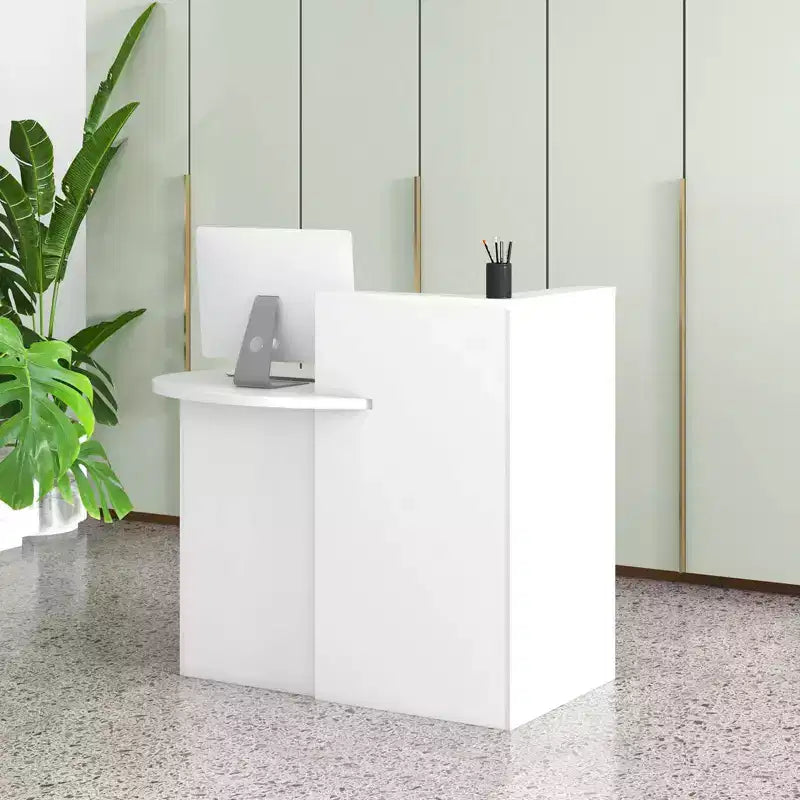 Costway Front Reception Counter Desk Checkout Office Desk with Open Shelf & Lockable Drawer White/Brown/Black