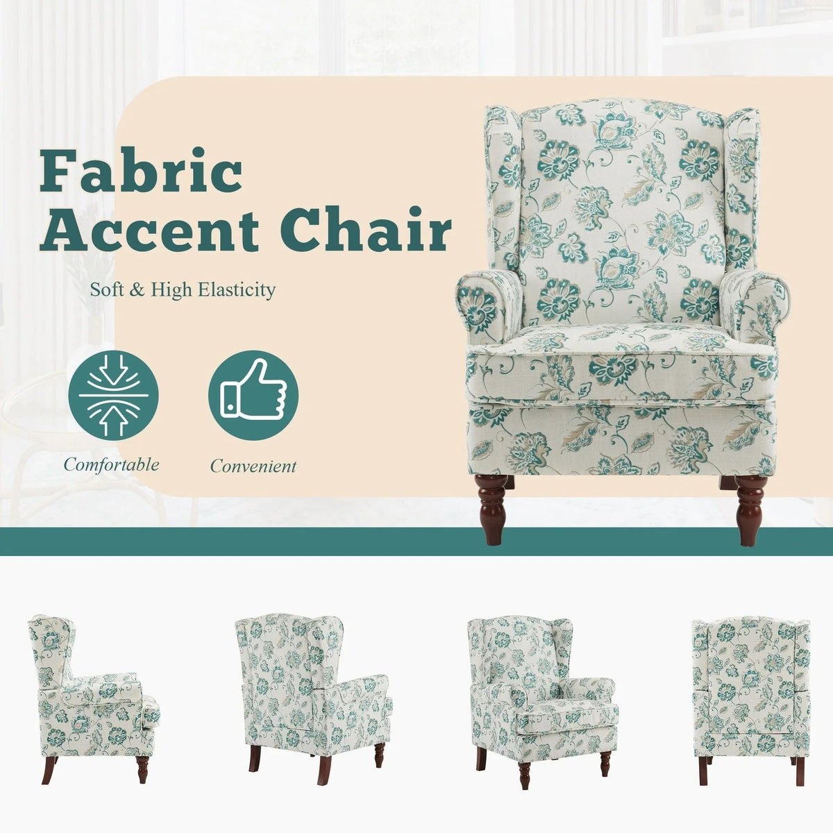 Erommy Modern Accent Chair, High Back Armchair, Upholstered Fabric Button Single Sofa with Wooden Legs for Living Room