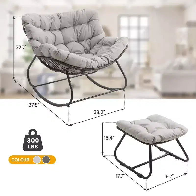 Heynemo Patio Rocking Chair with Ottoman, Outdoor Indoor Rocking Egg Chair with Cushions, Metal Lounge Chair Oversized Papasan Chair, Reading Chair