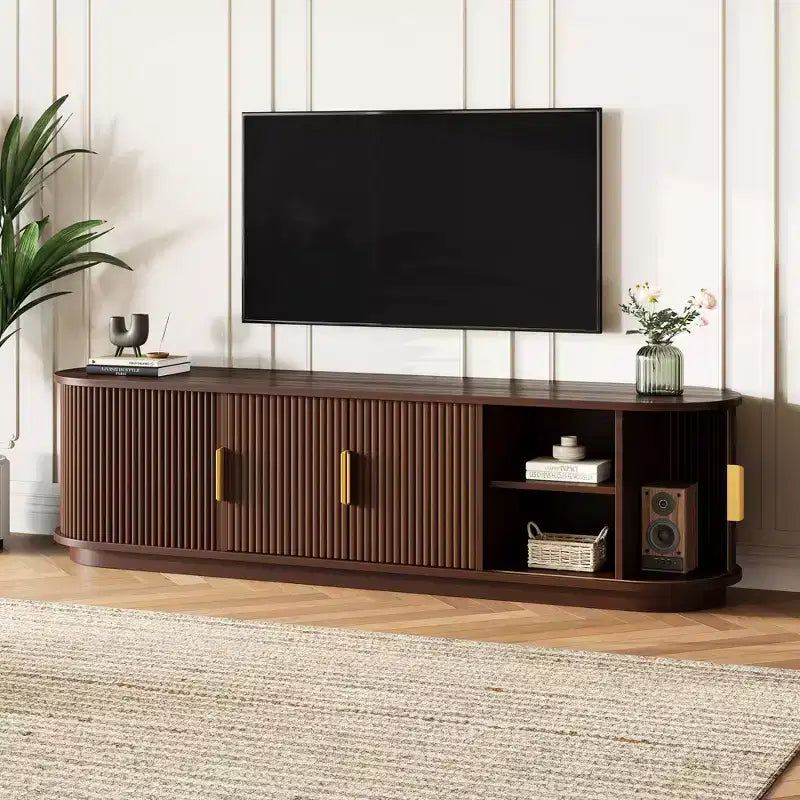 GDFStudio Roy Farmhouse Wooden TV Stand with Sliding Tambour Door and Adjustable Storage
