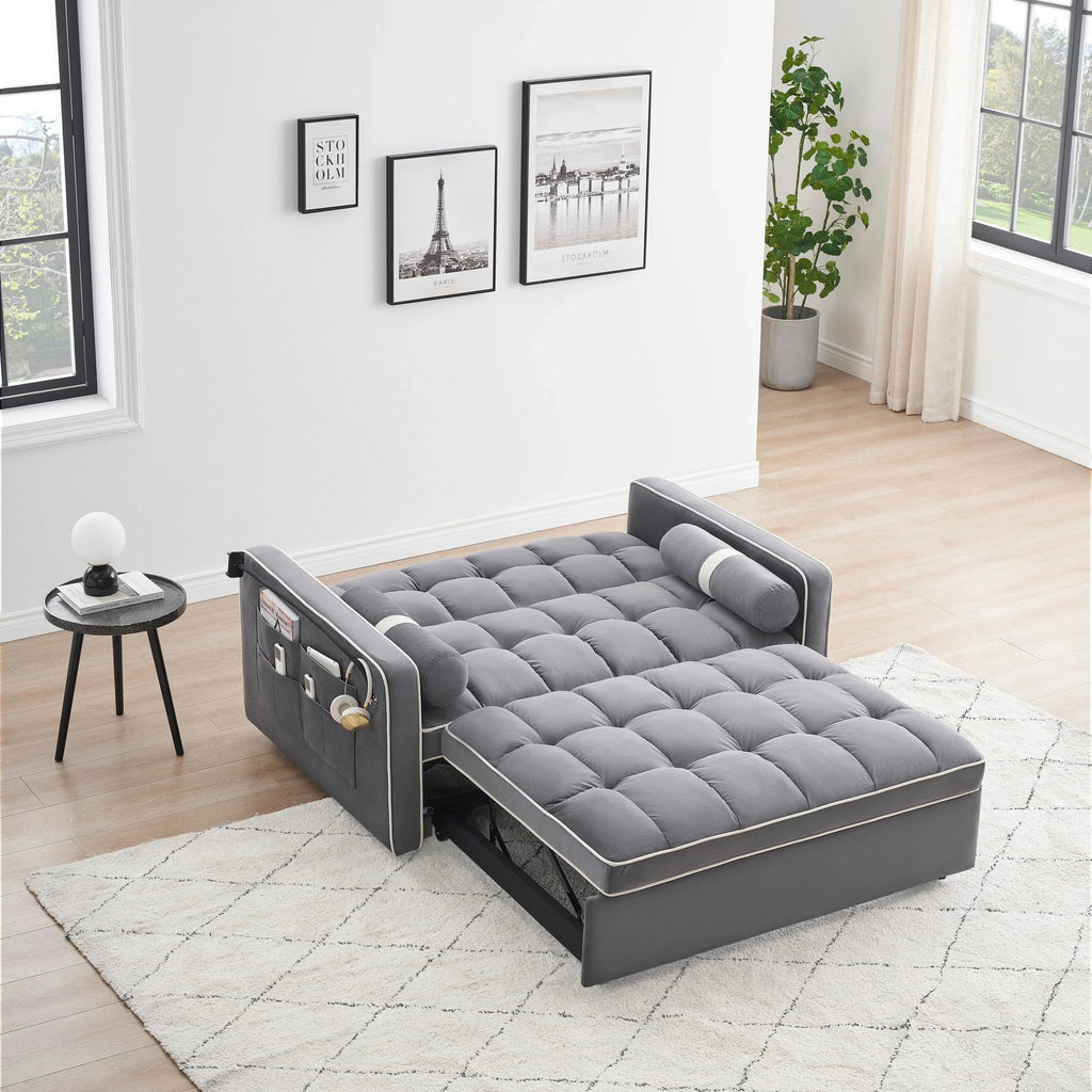 Velvet Convertible 55 2-Seater Sleeper Sofa with Pull-Out Bed, Adjustable Recline, Side Pockets, and Phone Holder