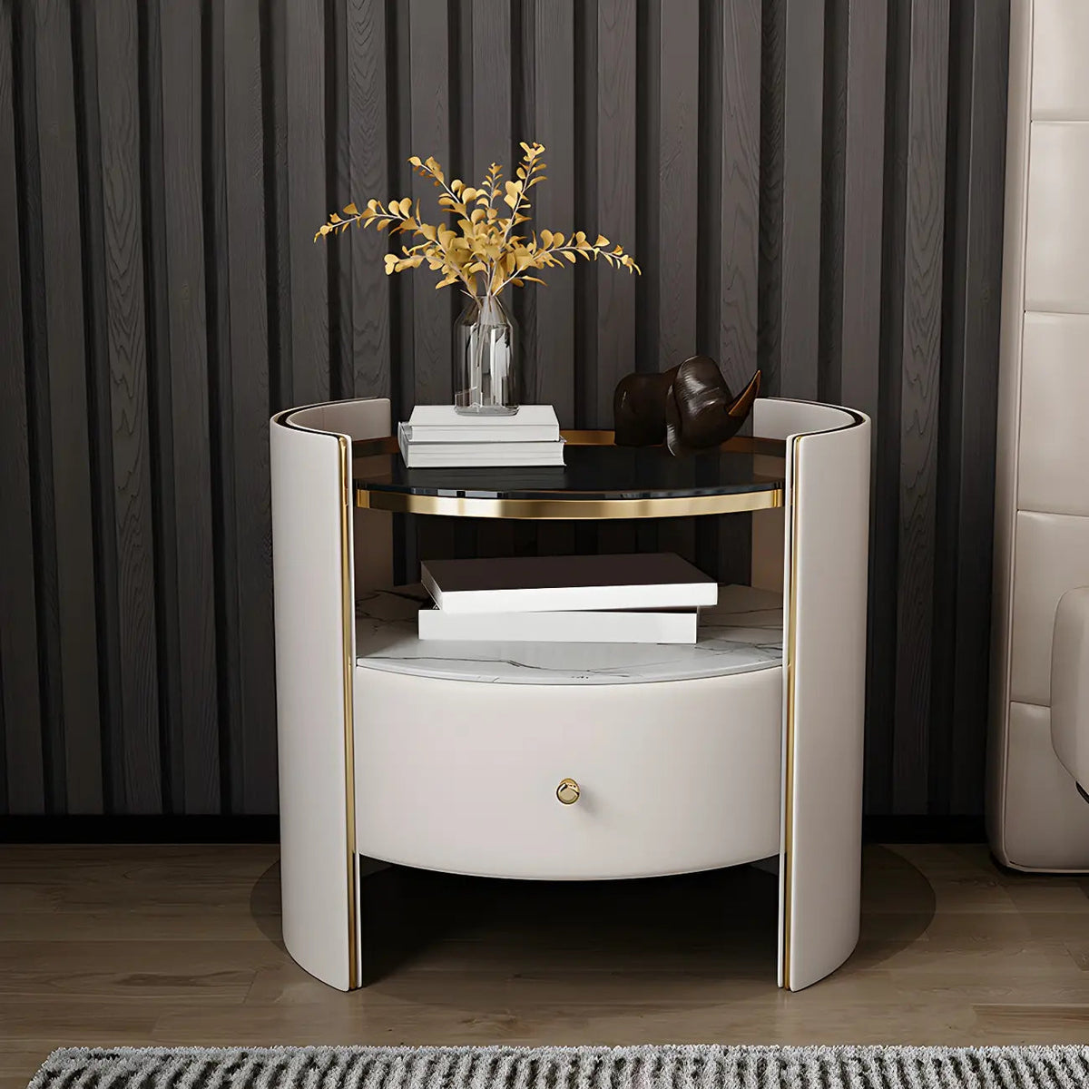 Luxury Glass Top Nightstand with Drawer Storage and Open Cubby