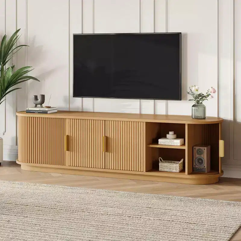GDFStudio Roy Farmhouse Wooden TV Stand with Sliding Tambour Door and Adjustable Storage