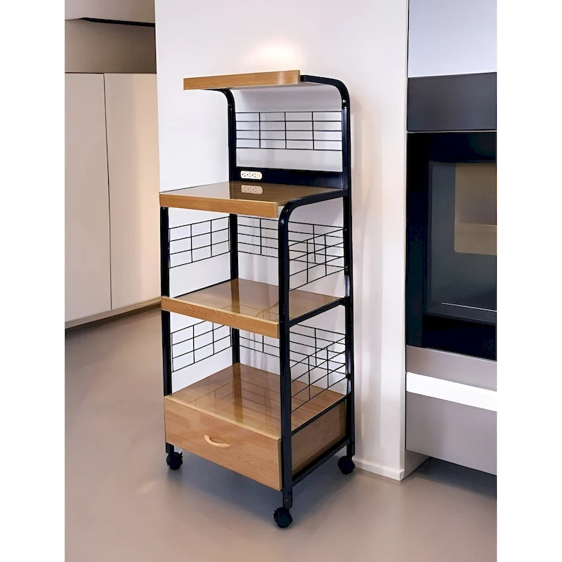 Chariot de cuisine roulant noir et naturel avec étagères de rangement et tiroir