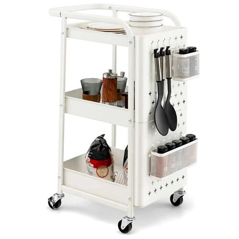 Chariot de rangement à roulettes 3 niveaux en métal avec panneau perforé DIY