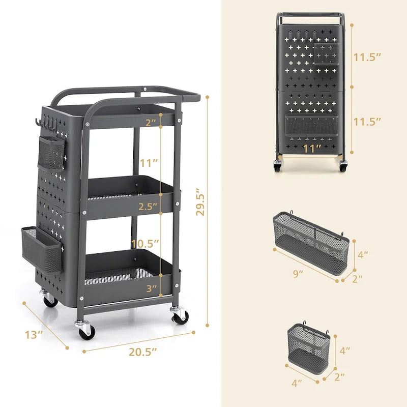 Chariot de rangement à roulettes 3 niveaux en métal avec panneau perforé DIY