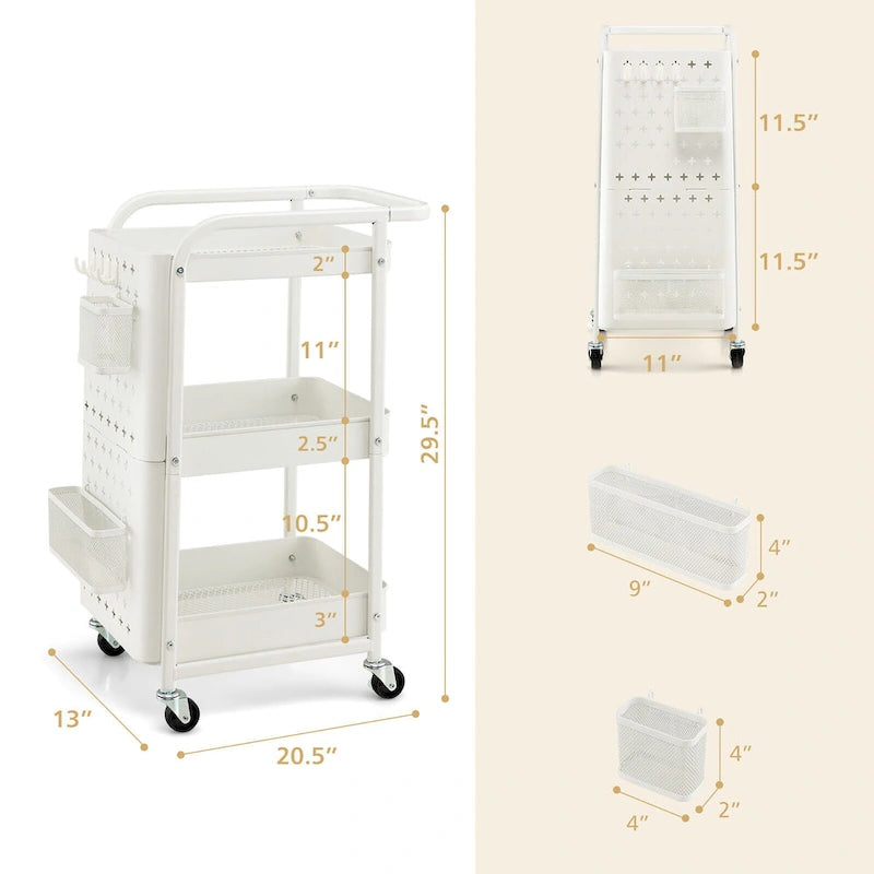 Chariot de rangement à roulettes 3 niveaux en métal avec panneau perforé DIY