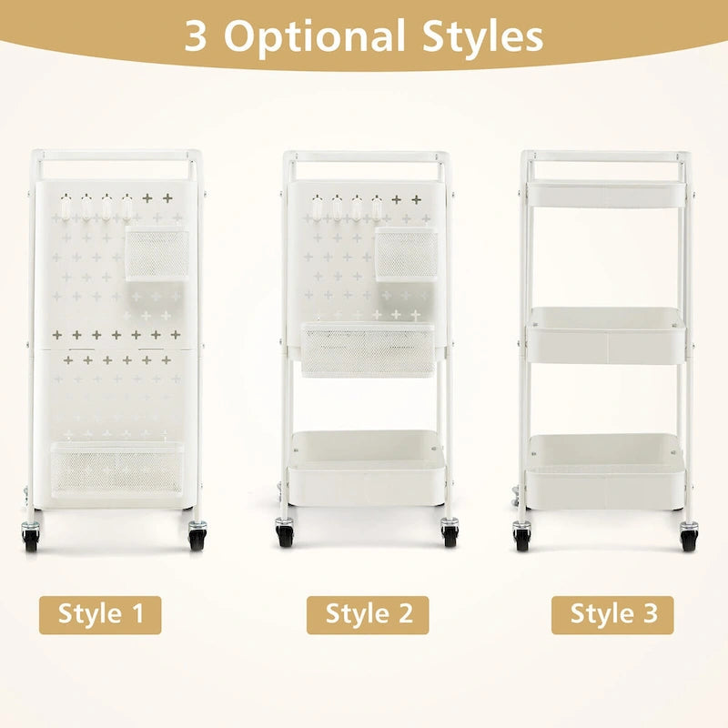 Chariot de rangement à roulettes 3 niveaux en métal avec panneau perforé DIY