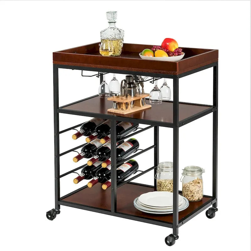 Chariot de cuisine de rangement à 3 niveaux avec porte-bouteilles