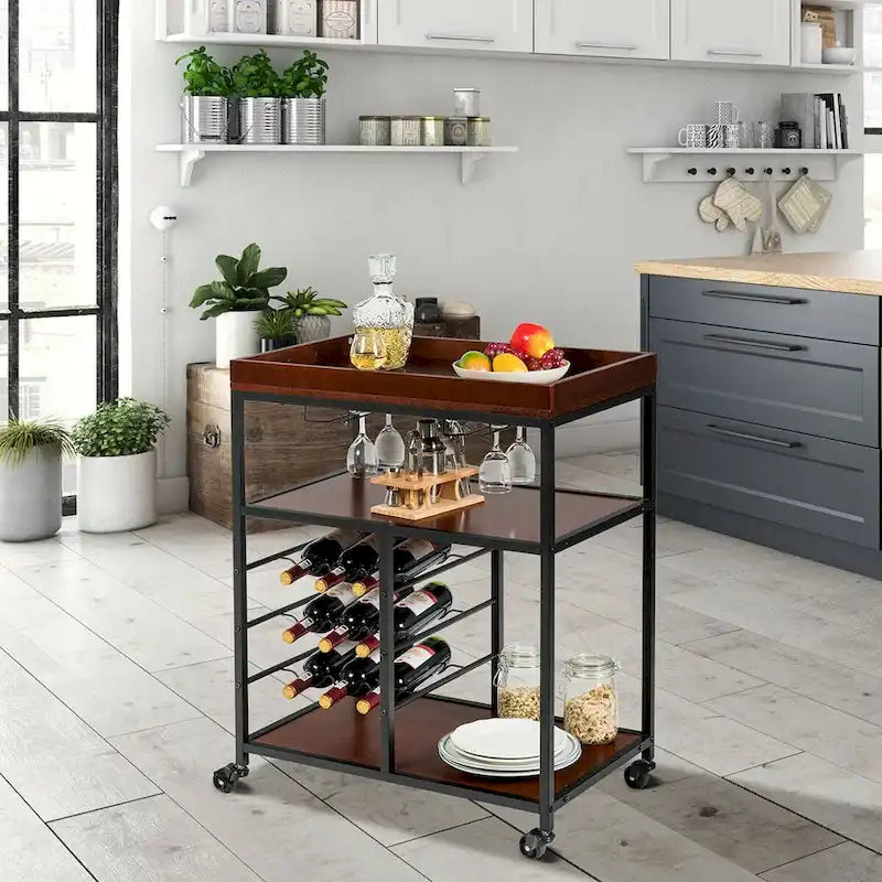 Chariot de cuisine de rangement à 3 niveaux avec porte-bouteilles