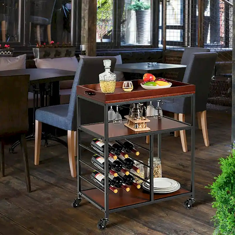 Chariot de cuisine de rangement à 3 niveaux avec porte-bouteilles