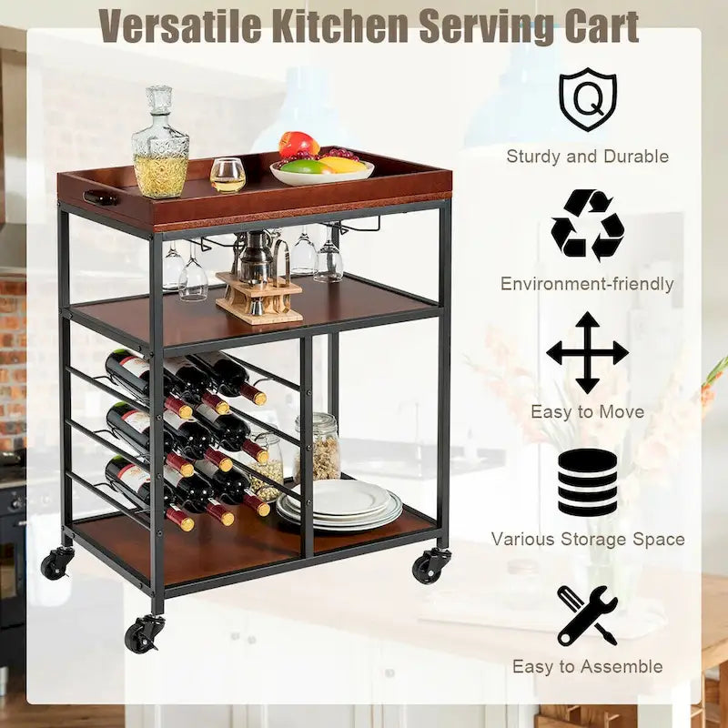 Chariot de cuisine de rangement à 3 niveaux avec porte-bouteilles