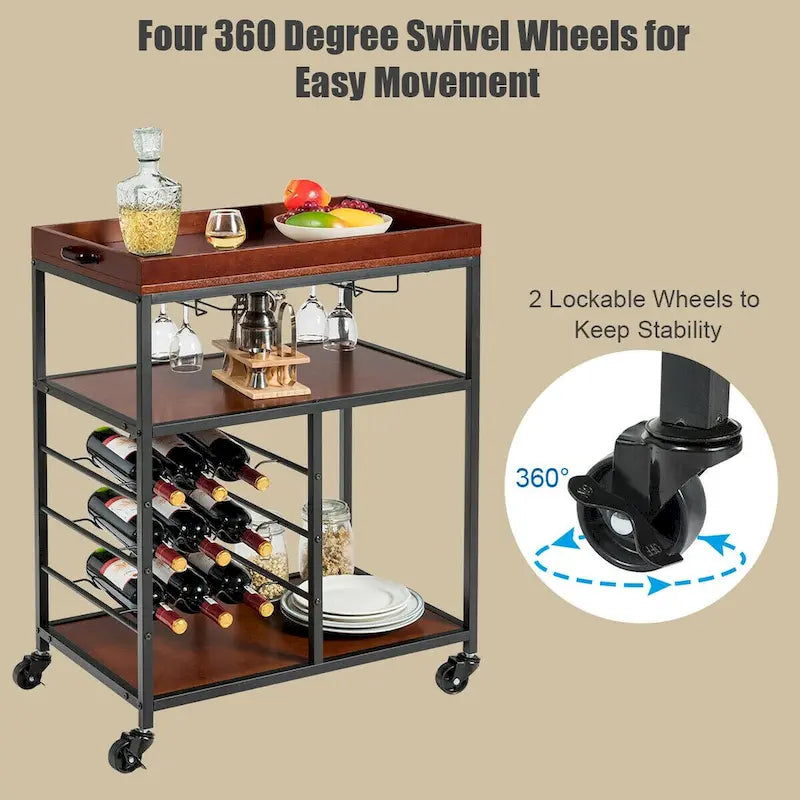 Chariot de cuisine de rangement à 3 niveaux avec porte-bouteilles