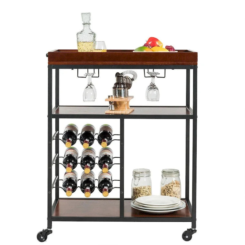 Chariot de cuisine de rangement à 3 niveaux avec porte-bouteilles