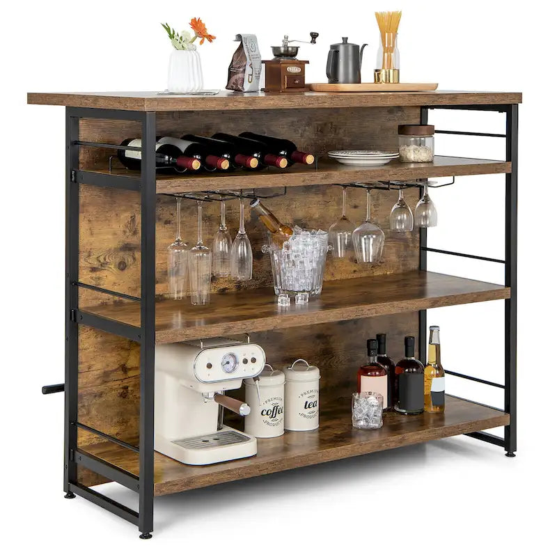 Table îlot de cuisine industrielle avec bar, étagère de rangement à 4 niveaux et porte-bouteilles