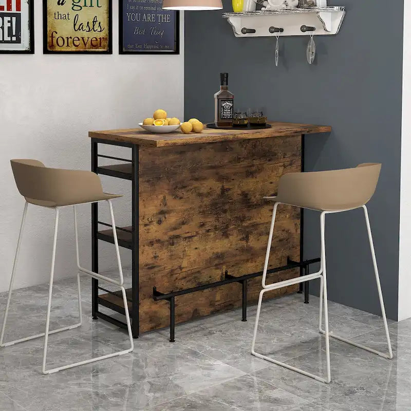 Table îlot de cuisine industrielle avec bar, étagère de rangement à 4 niveaux et porte-bouteilles