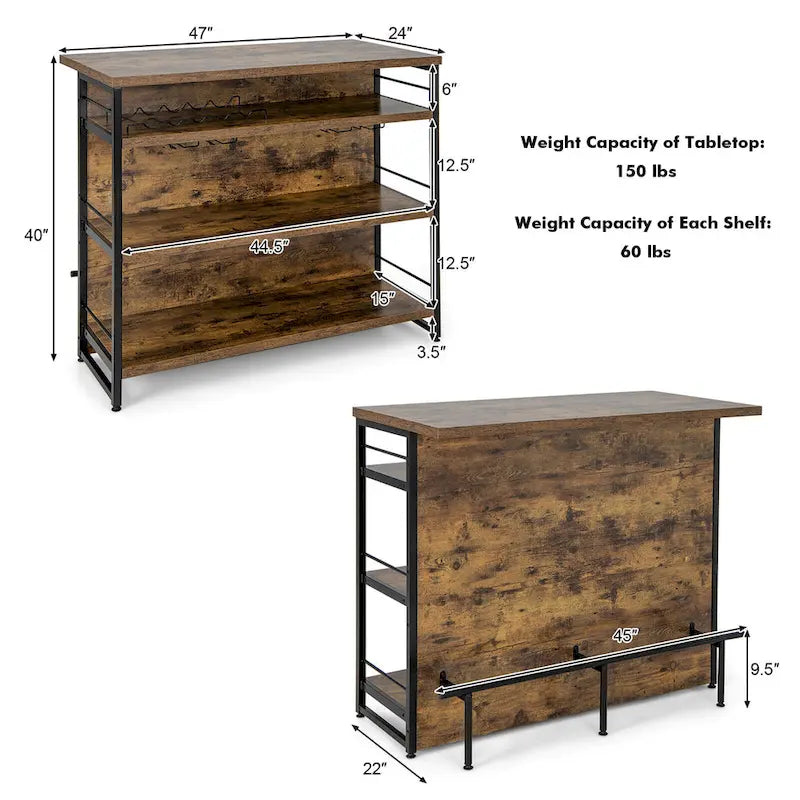Table îlot de cuisine industrielle avec bar, étagère de rangement à 4 niveaux et porte-bouteilles