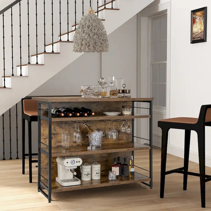 Table îlot de cuisine industrielle avec bar, étagère de rangement à 4 niveaux et porte-bouteilles