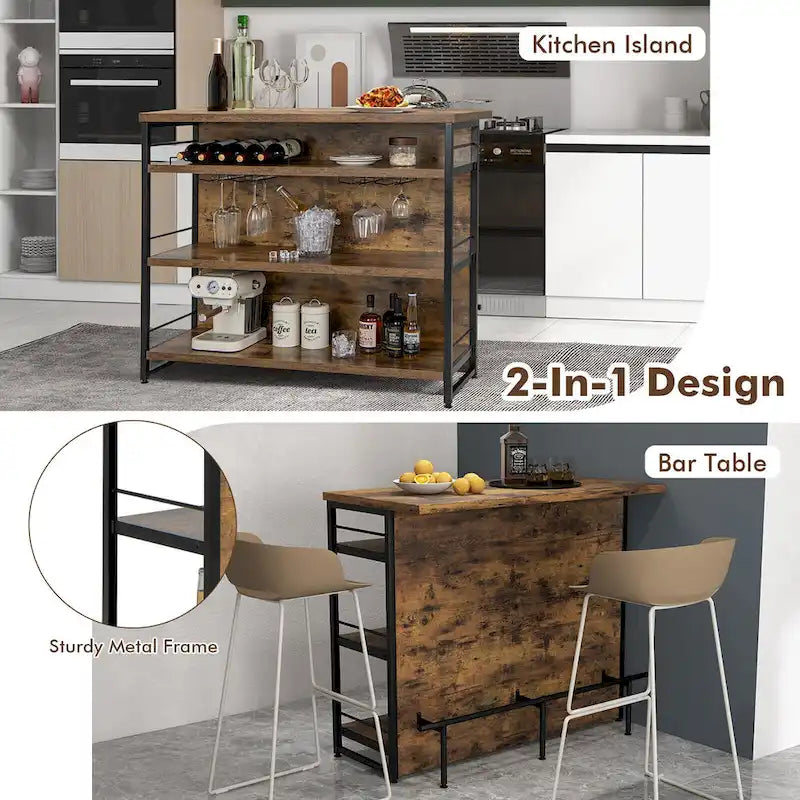 Table îlot de cuisine industrielle avec bar, étagère de rangement à 4 niveaux et porte-bouteilles