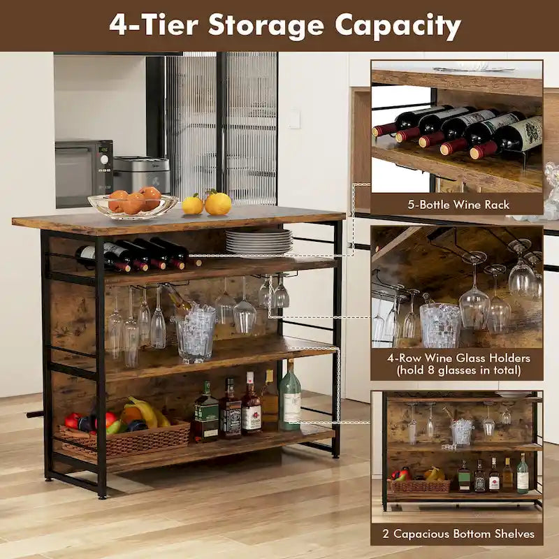 Table îlot de cuisine industrielle avec bar, étagère de rangement à 4 niveaux et porte-bouteilles