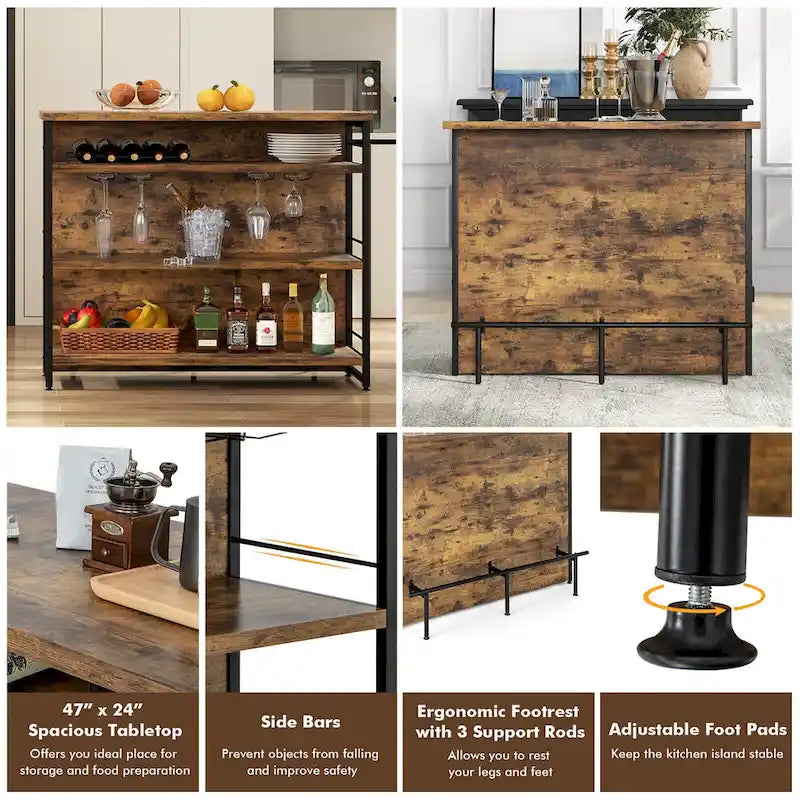 Table îlot de cuisine industrielle avec bar, étagère de rangement à 4 niveaux et porte-bouteilles