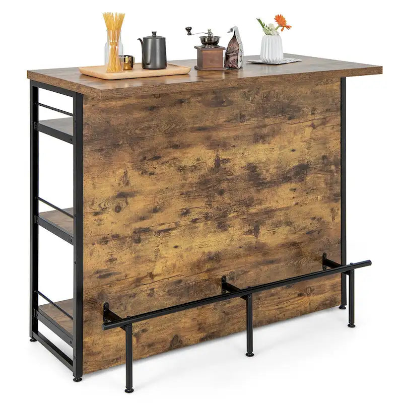 Table îlot de cuisine industrielle avec bar, étagère de rangement à 4 niveaux et porte-bouteilles