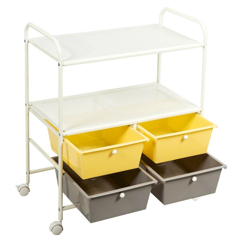 Chariot de rangement roulant à 4 tiroirs avec 2 étagères, cadre en acier, jaune et gris