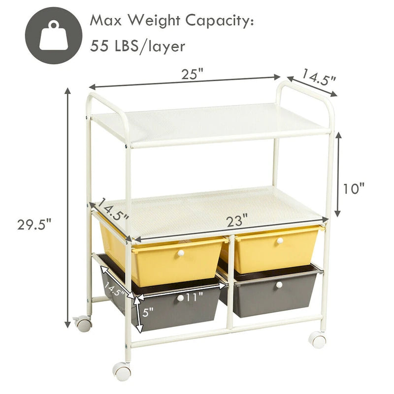 Chariot de rangement roulant à 4 tiroirs avec 2 étagères, cadre en acier, jaune et gris