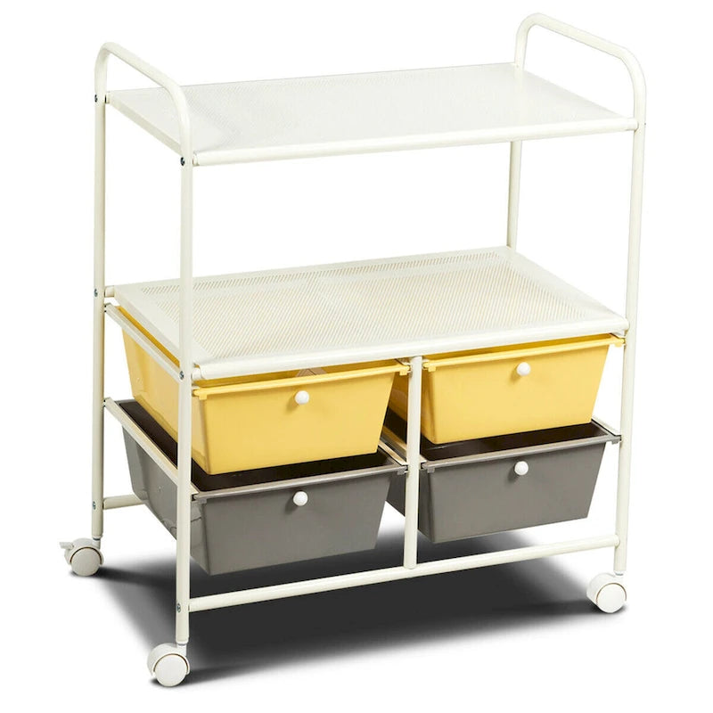 Chariot de rangement roulant à 4 tiroirs avec 2 étagères, cadre en acier, jaune et gris