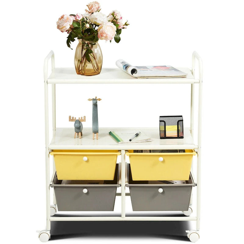 Chariot de rangement roulant à 4 tiroirs avec 2 étagères, cadre en acier, jaune et gris