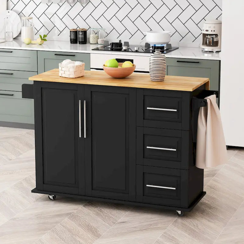 Dessert de cuisine roulant avec armoire à 2 portes et 3 tiroirs, dessus en bois massif extensible