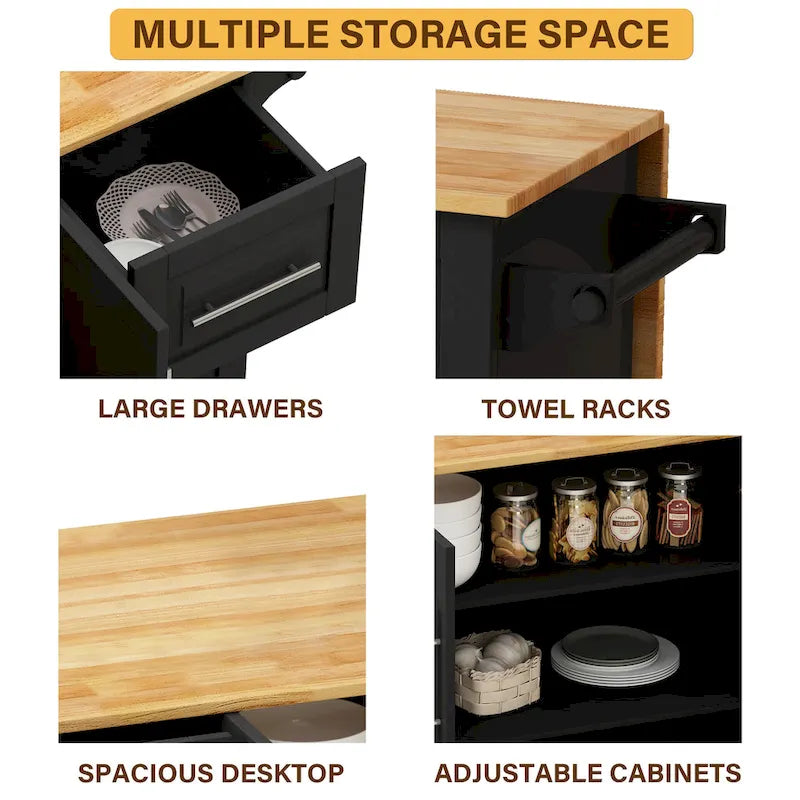 Dessert de cuisine roulant avec armoire à 2 portes et 3 tiroirs, dessus en bois massif extensible
