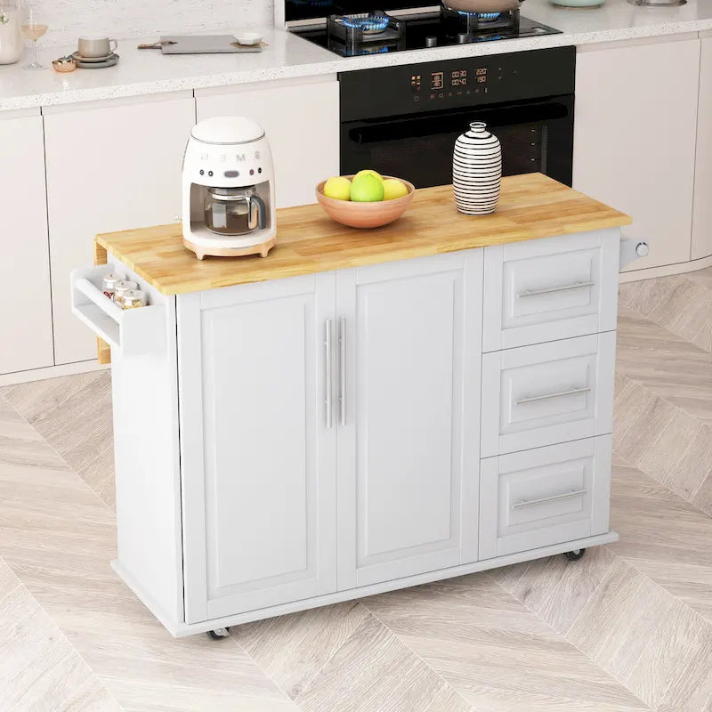 Dessert de cuisine roulant avec armoire à 2 portes et 3 tiroirs, dessus en bois massif extensible