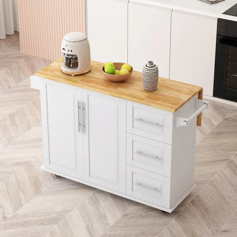 Dessert de cuisine roulant avec armoire à 2 portes et 3 tiroirs, dessus en bois massif extensible