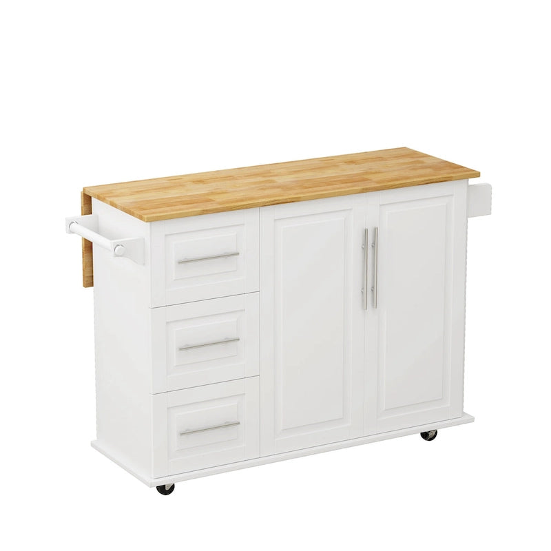 Dessert de cuisine roulant avec armoire à 2 portes et 3 tiroirs, dessus en bois massif extensible