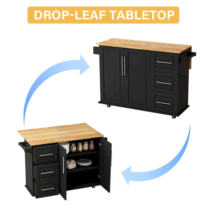 Dessert de cuisine roulant avec armoire à 2 portes et 3 tiroirs, dessus en bois massif extensible