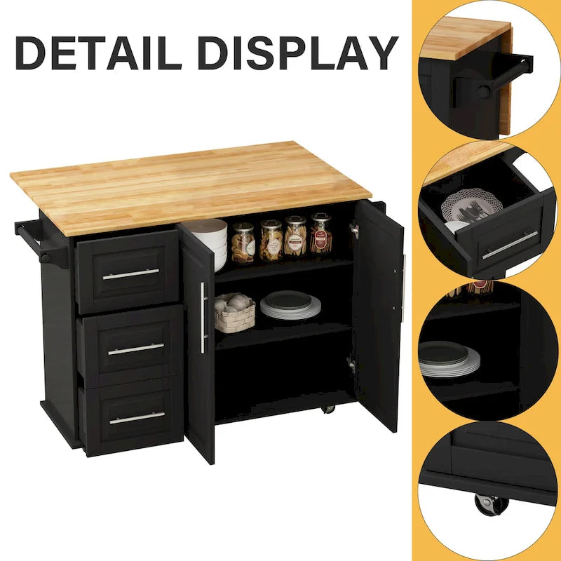 Dessert de cuisine roulant avec armoire à 2 portes et 3 tiroirs, dessus en bois massif extensible