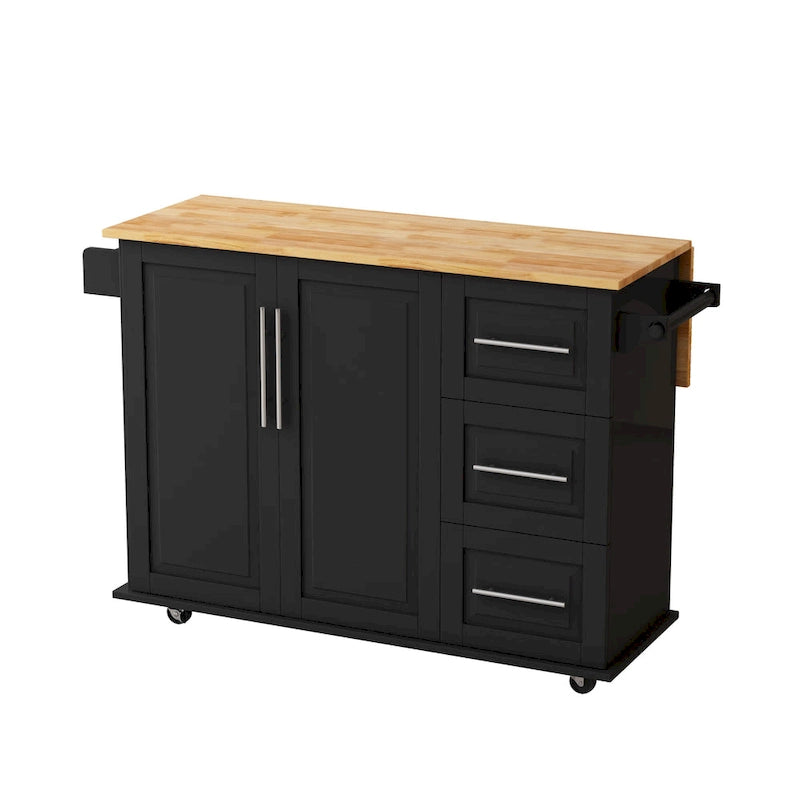 Dessert de cuisine roulant avec armoire à 2 portes et 3 tiroirs, dessus en bois massif extensible