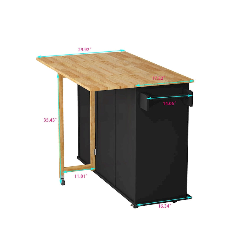 Dessert de cuisine roulant avec armoire à 2 portes et 3 tiroirs, dessus en bois massif extensible