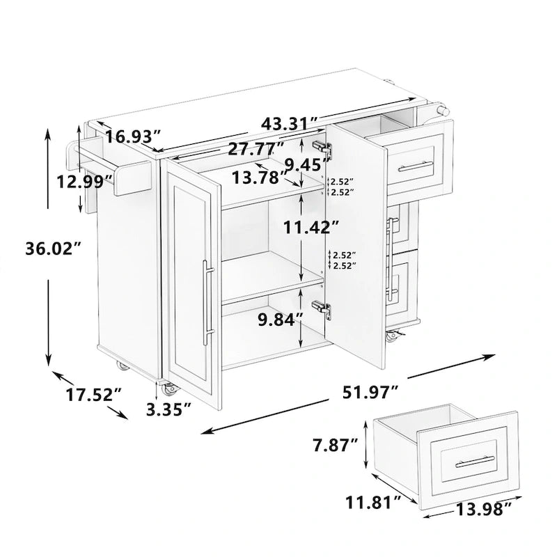 Dessert de cuisine roulant avec armoire à 2 portes et 3 tiroirs, dessus en bois massif extensible