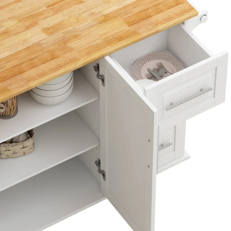 Dessert de cuisine roulant avec armoire à 2 portes et 3 tiroirs, dessus en bois massif extensible