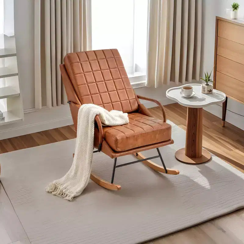 VECELO Upholstered Faux Leather/Teddy Fabric Rocking Chair Modern Lounge Rocker Recliner with Padded Seat, Safe Solid Wood Base White/Brown