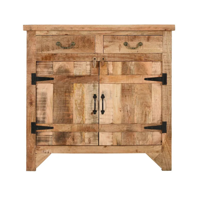 39 Inch Artisanal Farmhouse Style 2 Drawer Mango Wood Cabinet Console with 2 Door Storage Rustic Brown