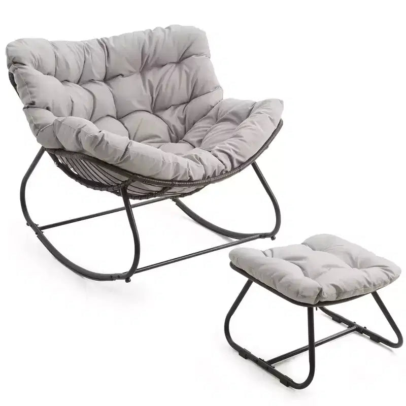 Heynemo Patio Rocking Chair with Ottoman, Outdoor Indoor Rocking Egg Chair with Cushions, Metal Lounge Chair Oversized Papasan Chair, Reading Chair