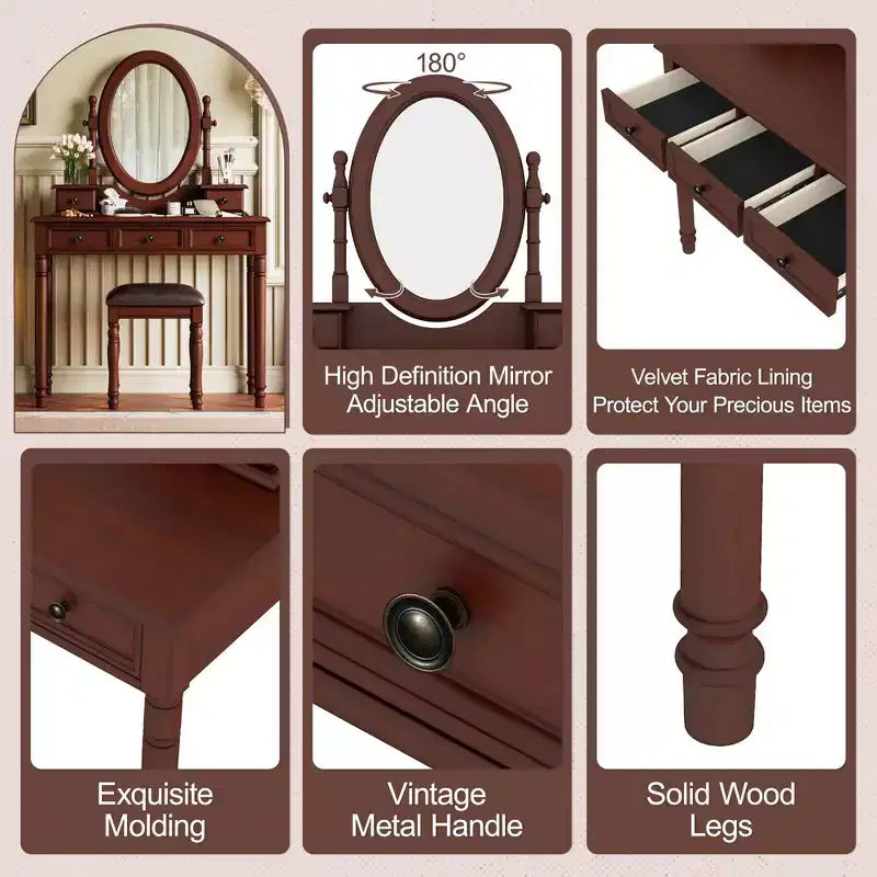 Okak Vintage Wooden Makeup Vanity with Adjustable Angle Mirror, Vanity Table with 5 Drawers and Cushioned Stool, Vanity Desk for Bedroom