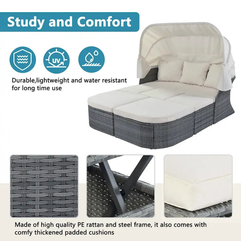Outdoor Gray Wicker Daybed with Cushions and Retractable Canopy