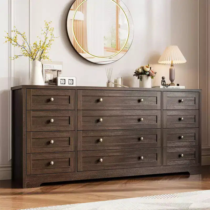 12 Drawers Dresser for Bedroom Wooden, Modern Wide TV Stand Dressers for 65 Inch TV, Wood Chest of Drawers, Farmhouse Clothes Storage for Living Room