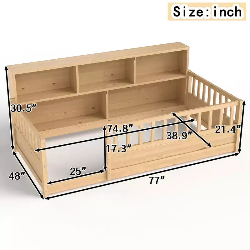 GDFStudio Cissie Modern Pinewood Guardrail Floor Bed with Side Storage