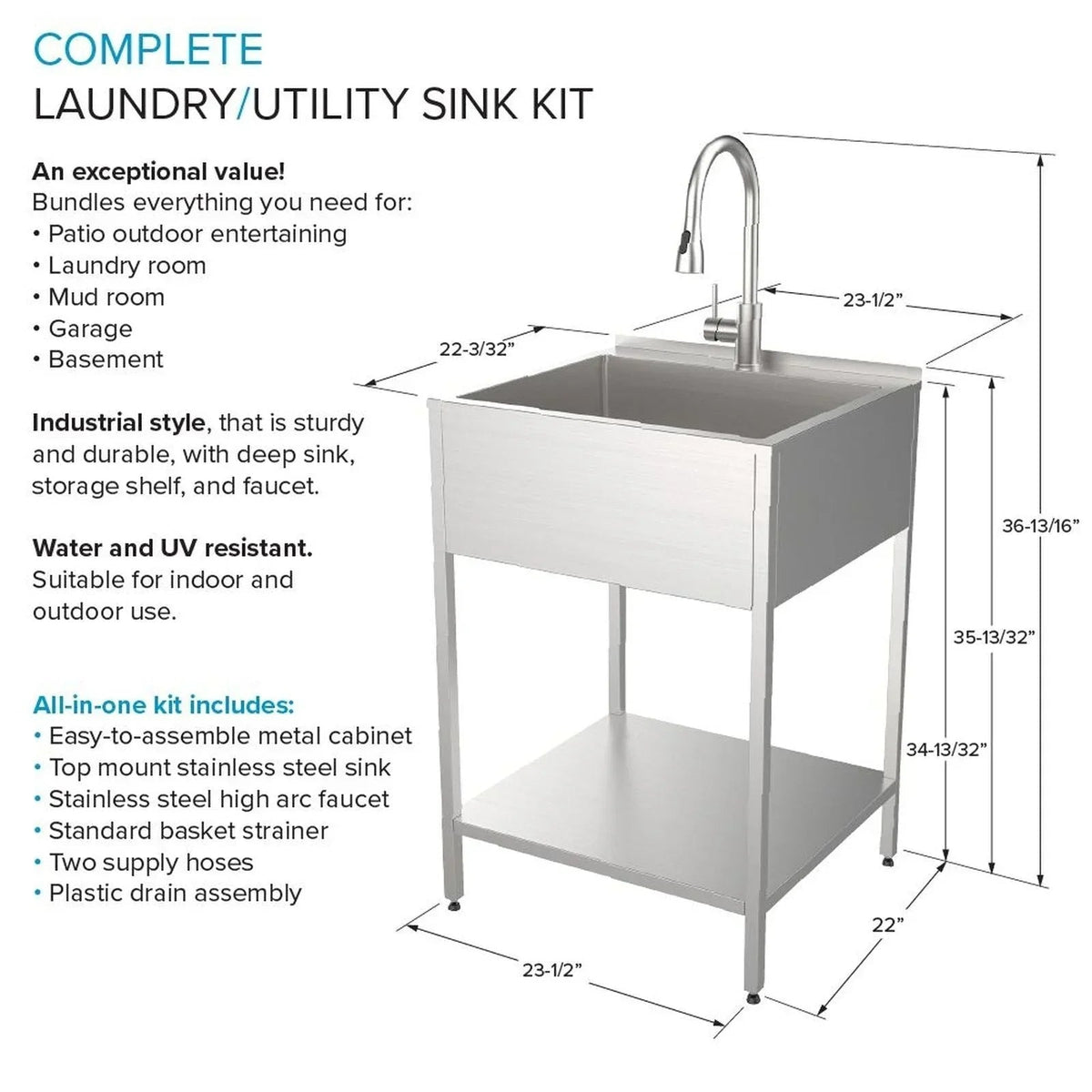 24-in W x 22-in D x 35-in H Stainless Steel Laundry Sink and Wash Stand