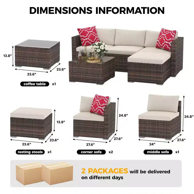 5 Pieces Patio Furniture Set, All-Weather Wicker Sectional Sofa With Anti-Slip Cushions, Rattan Outdoor Patio Furniture Sofa Set With Ottoman